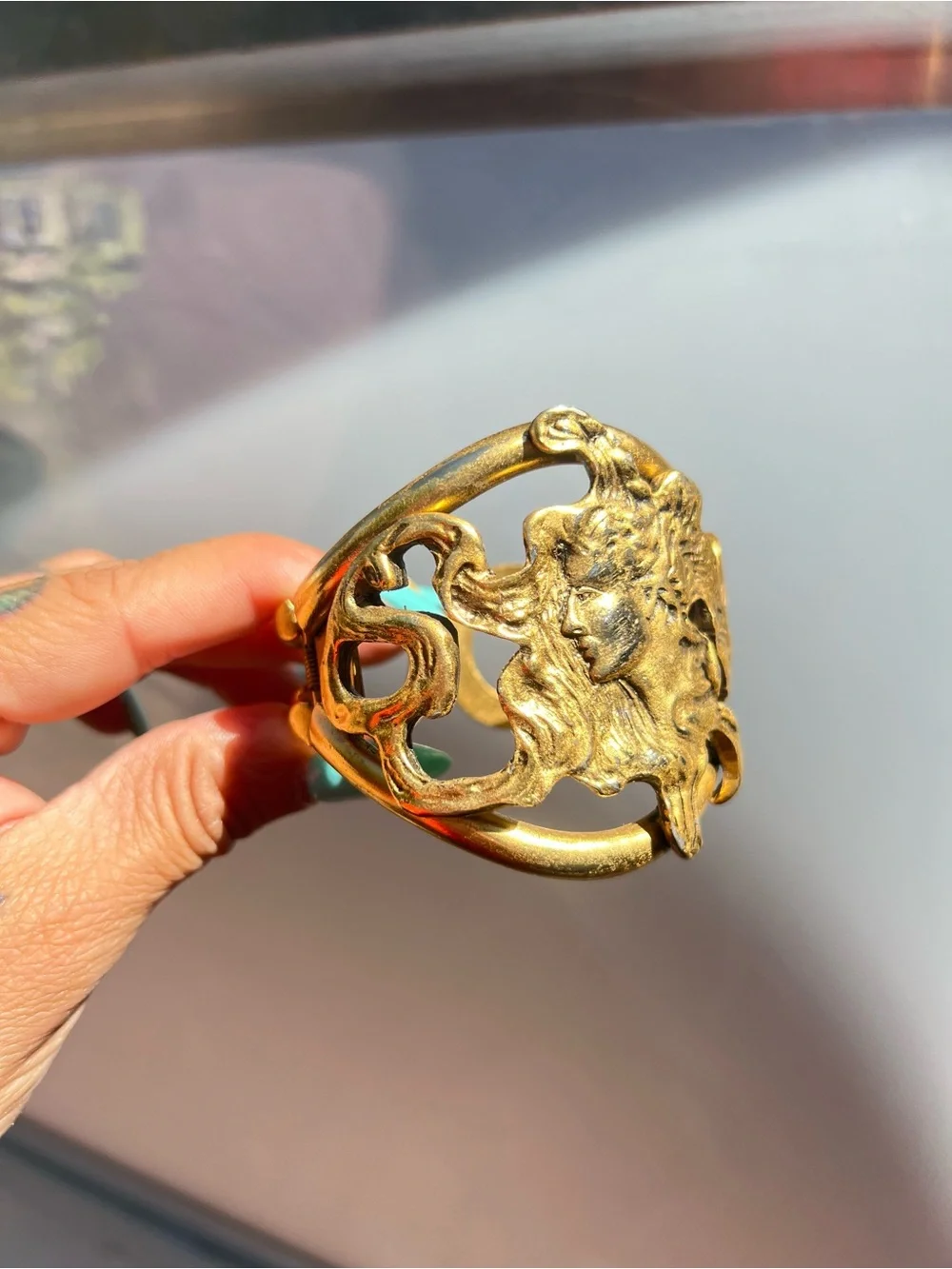 1970’s Vintage Gold Metal Goddess Art Nouveau Signed Clamper Bracelet